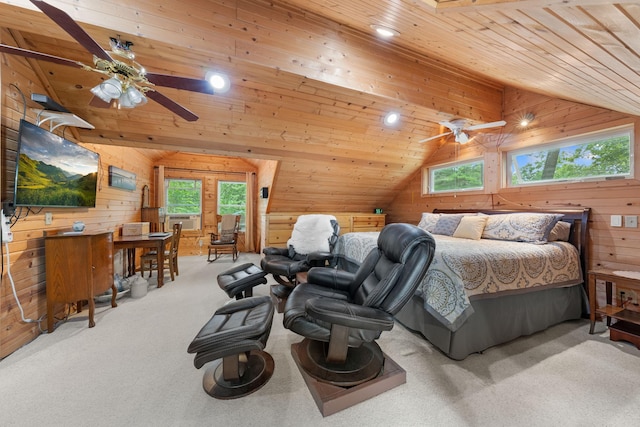 bedroom with wooden walls, lofted ceiling, carpet floors, and wood ceiling