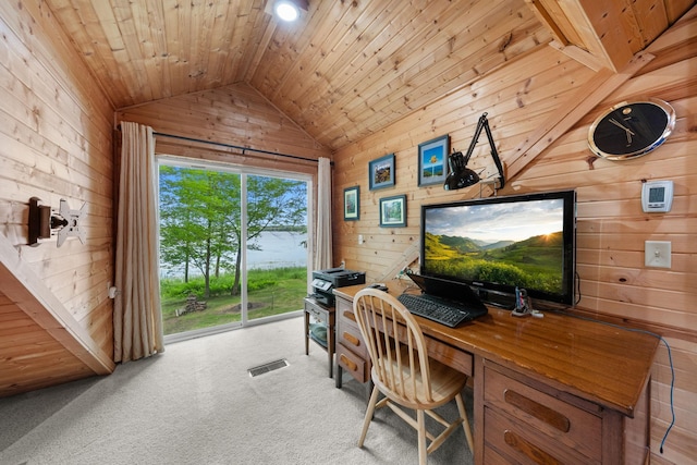 carpeted office with lofted ceiling, wooden walls, wooden ceiling, and visible vents