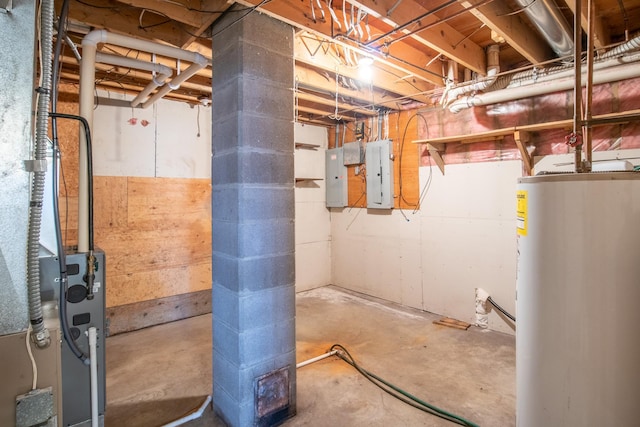 unfinished basement featuring water heater and electric panel