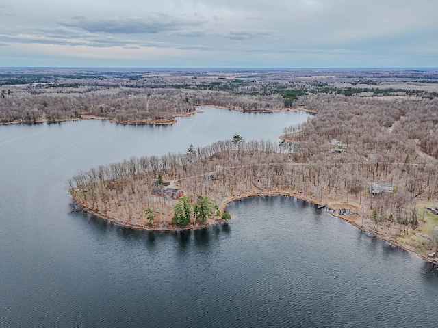 drone / aerial view featuring a water view and a wooded view