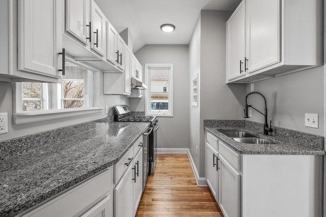 1527 Minnehaha Ave W, Saint Paul, MN 55104 - kitchen featuring gas stove, a healthy amount of sunlight, light wood-style floors, under cabinet range hood, and a sink