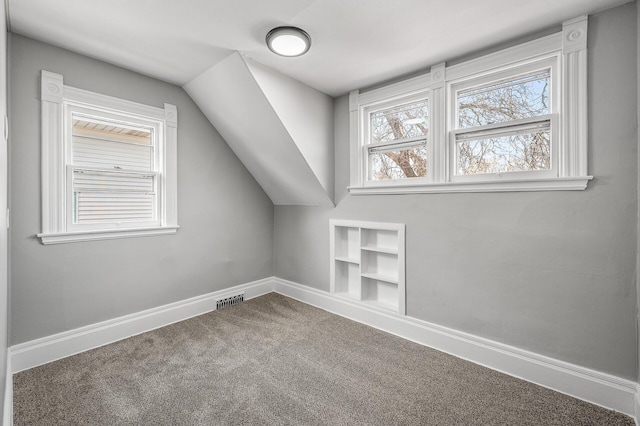 1527 Minnehaha Ave W, Saint Paul, MN 55104 - additional living space with lofted ceiling, carpet flooring, visible vents, baseboards, and built in shelves