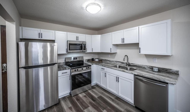 kitchen with white cabinetry, a sink, stainless steel appliances, stone countertops, and dark wood-type flooring
