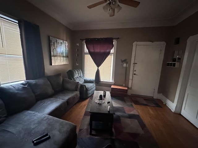 living room with baseboards, ceiling fan, and wood finished floors