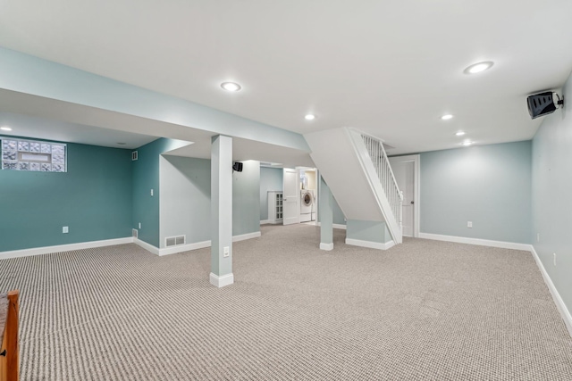 2736 Chowen Ave S, Minneapolis, MN 55416 - finished basement featuring visible vents, stairs, baseboards, light carpet, and recessed lighting