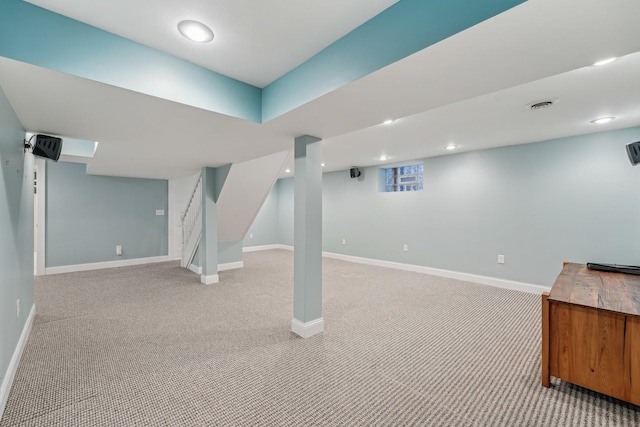 2736 Chowen Ave S, Minneapolis, MN 55416 - finished basement with baseboards, visible vents, light carpet, and stairway