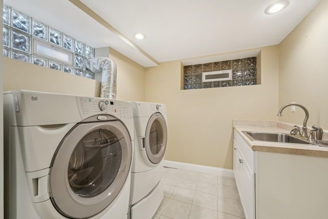 2736 Chowen Ave S, Minneapolis, MN 55416 - clothes washing area featuring light tile patterned flooring, baseboards, recessed lighting, a sink, and independent washer and dryer