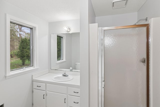 full bathroom with a healthy amount of sunlight, vanity, a shower stall, and toilet