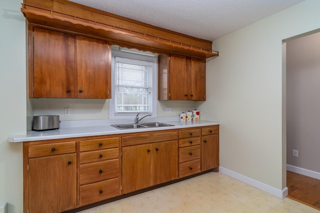 1001 Alexander St, Crookston, MN 56716 - kitchen with brown cabinetry, a sink, light floors, and light countertops