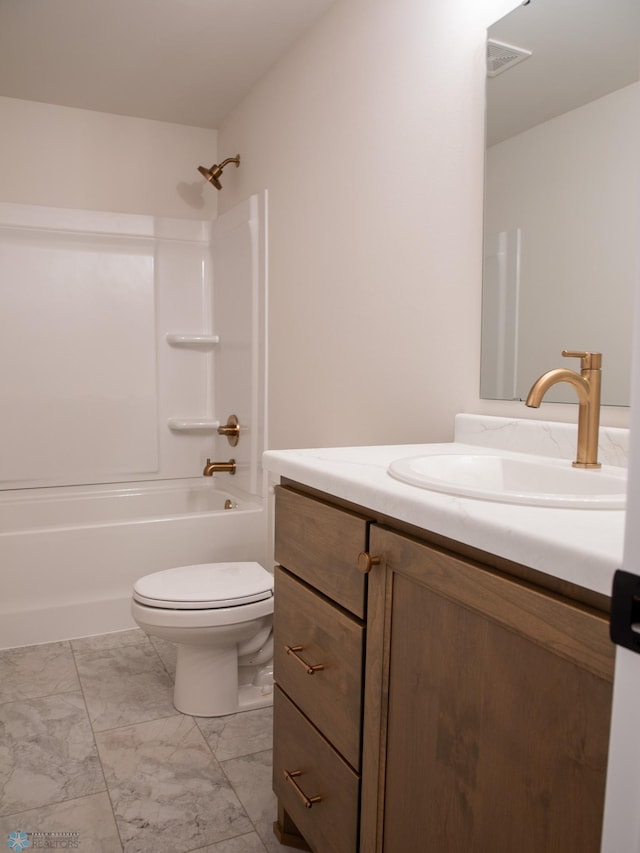 1490 66th Ave S, Fargo, ND 58104 - bathroom with vanity, toilet, marble finish floor, shower / bathing tub combination, and visible vents