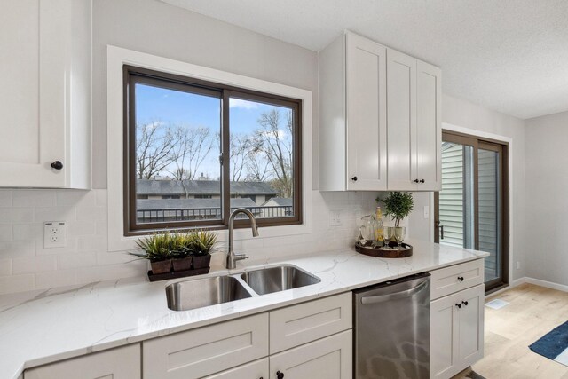 kitchen featuring a sink, tasteful backsplash, stainless steel dishwasher, and white cabinetry
