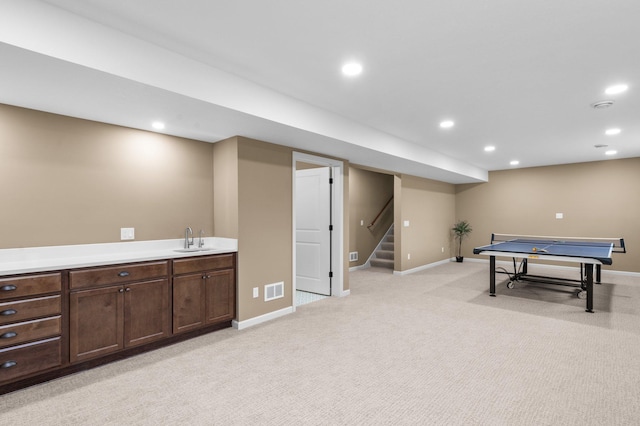 4584 Merganser Dr, Minnetrista, MN 55375 - playroom with a sink, indoor wet bar, light colored carpet, baseboards, and visible vents