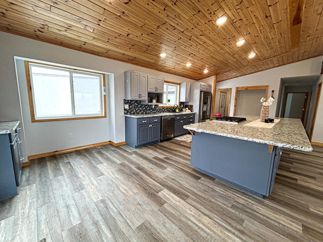 41634 Long Lake Rd, Ottertail, MN 56571 - kitchen featuring wooden ceiling, refrigerator with ice dispenser, dishwasher, wood finished floors, and baseboards