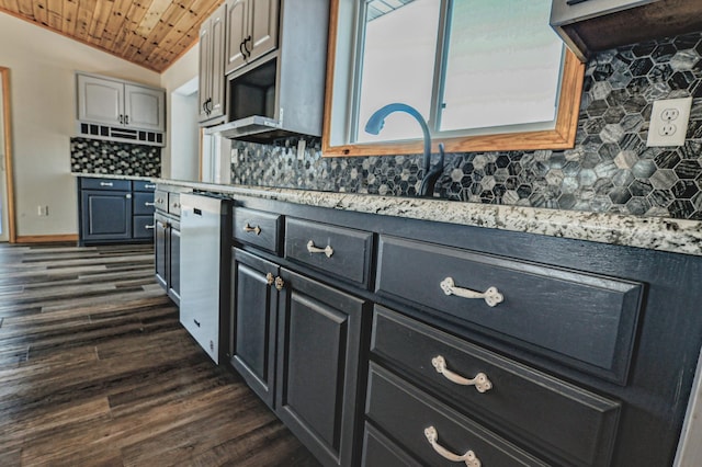 41634 Long Lake Rd, Ottertail, MN 56571 - kitchen with dishwasher, decorative backsplash, lofted ceiling, dark wood-type flooring, and wood ceiling