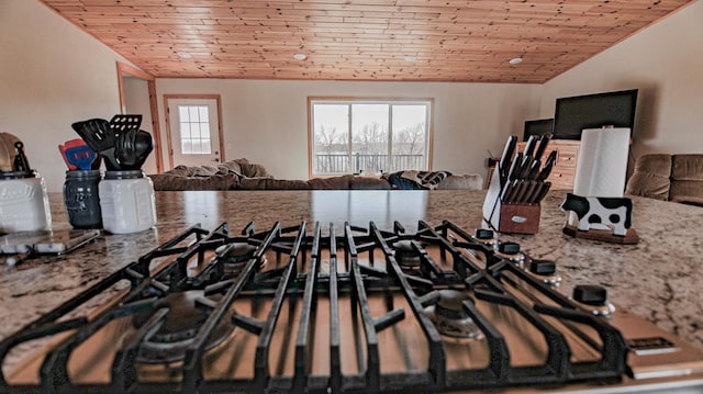 41634 Long Lake Rd, Ottertail, MN 56571 - kitchen view of wooden ceiling, stone counters, and stainless steel gas stovetop