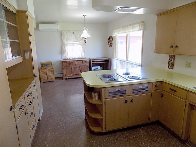 kitchen with a baseboard heating unit, a peninsula, a wall mounted air conditioner, open shelves, and light countertops