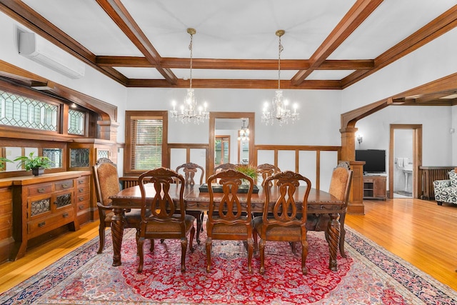 904 Lincoln Ave, Saint Paul, MN 55105 - dining area featuring coffered ceiling, a chandelier, a wall unit AC, light wood-type flooring, and beam ceiling