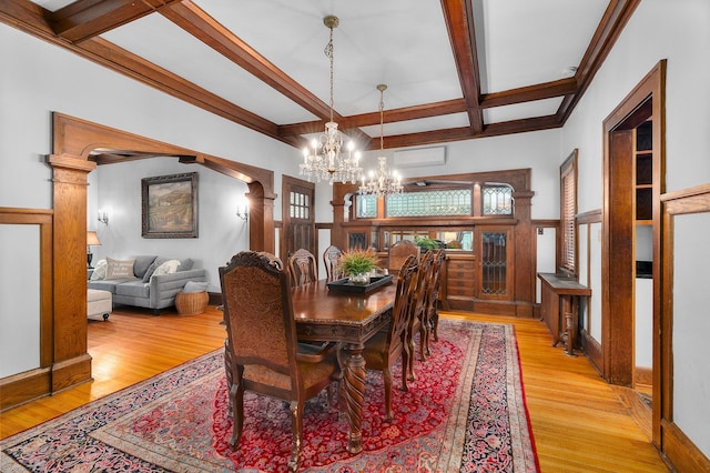 904 Lincoln Ave, Saint Paul, MN 55105 - dining space featuring a chandelier, coffered ceiling, beamed ceiling, and light wood-style flooring