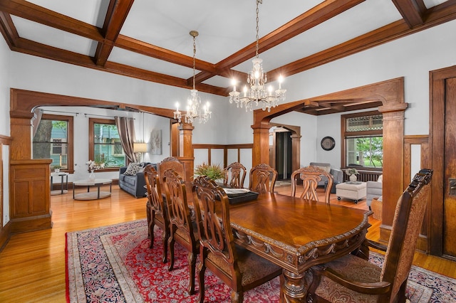 904 Lincoln Ave, Saint Paul, MN 55105 - dining room with coffered ceiling, light wood finished floors, beam ceiling, ornate columns, and a chandelier