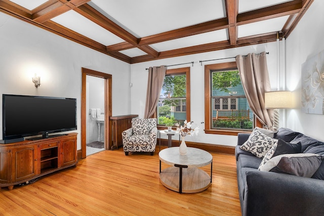 904 Lincoln Ave, Saint Paul, MN 55105 - living room with coffered ceiling, light wood finished floors, and beamed ceiling
