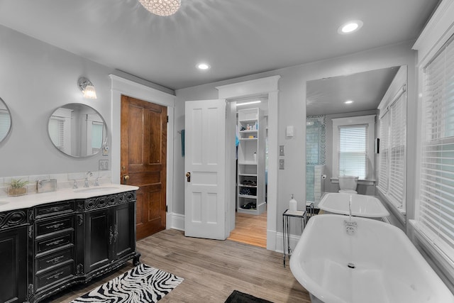 904 Lincoln Ave, Saint Paul, MN 55105 - bathroom featuring vanity, wood finished floors, a spacious closet, a freestanding tub, and a stall shower