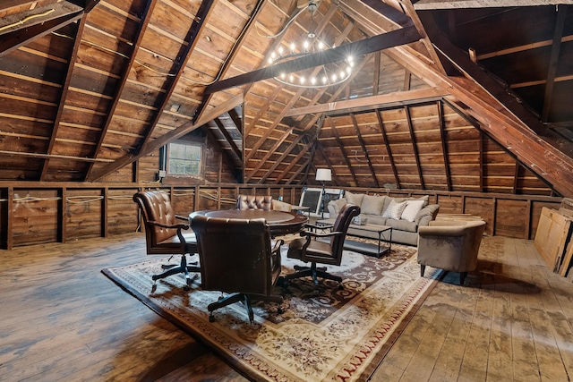 904 Lincoln Ave, Saint Paul, MN 55105 - dining room with wood-type flooring, lofted ceiling, wood walls, a chandelier, and wooden ceiling