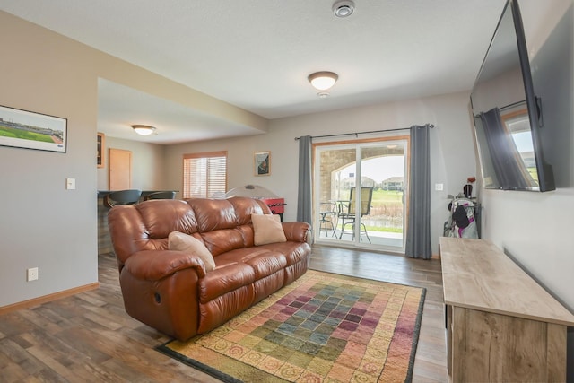 living area featuring baseboards and wood finished floors