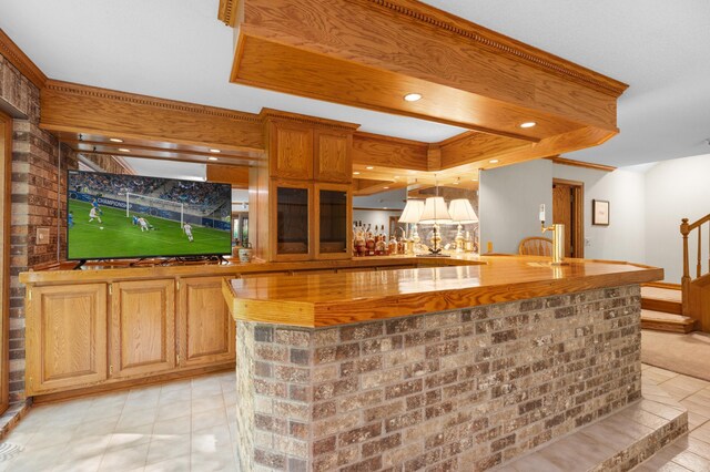 bar area featuring stairway, light tile patterned floors, and recessed lighting