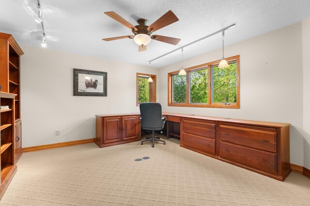 office space with track lighting, light colored carpet, and baseboards