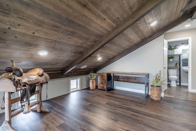 bonus room featuring wooden ceiling, vaulted ceiling with beams, baseboards, and wood finished floors