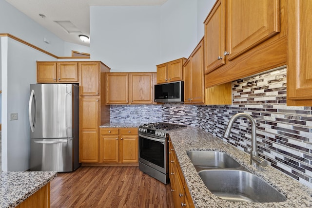 kitchen featuring light stone countertops, a sink, backsplash, and stainless steel appliances