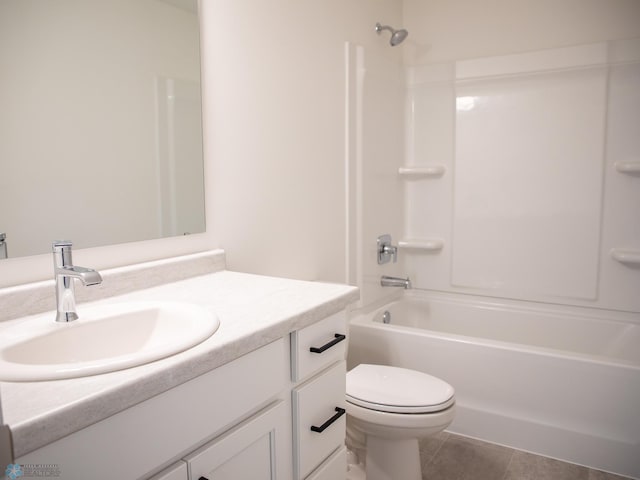 full bath with tile patterned floors, vanity, toilet, and tub / shower combination