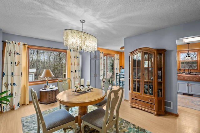 13229 Fremont Ave, Zimmerman, MN 55398 - dining room featuring a chandelier, light wood-type flooring, plenty of natural light, and a textured ceiling
