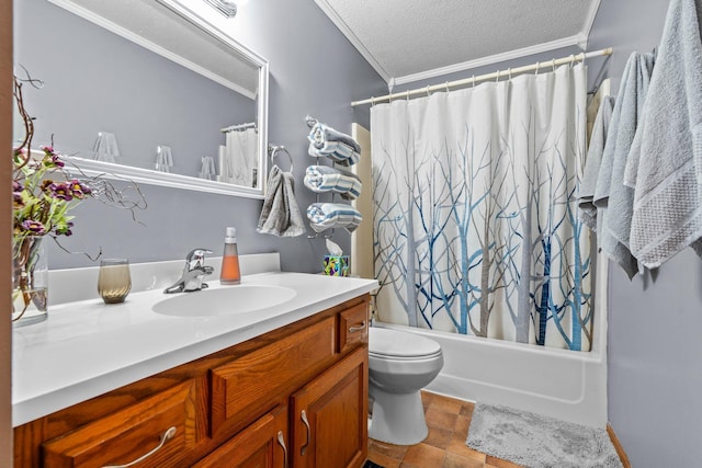 13229 Fremont Ave, Zimmerman, MN 55398 - full bathroom with vanity, ornamental molding, shower / tub combo, a textured ceiling, and stone finish flooring