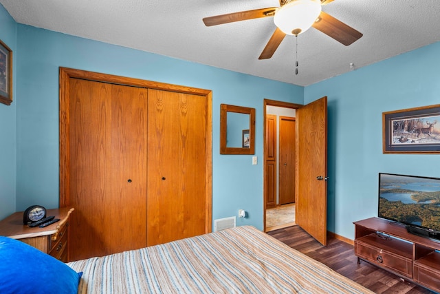 13229 Fremont Ave, Zimmerman, MN 55398 - bedroom with wood finished floors, ceiling fan, a closet, and a textured ceiling