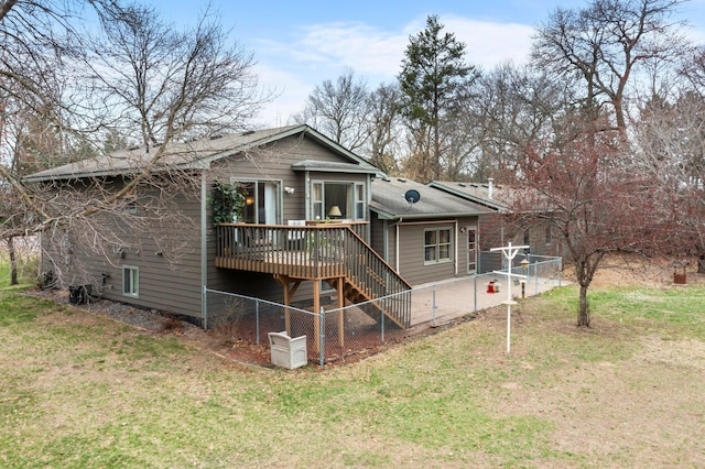 13229 Fremont Ave, Zimmerman, MN 55398 - rear view of house with stairs, a yard, and a wooden deck