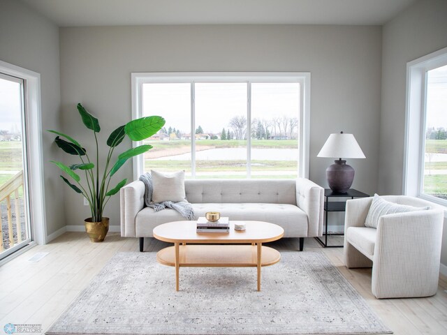 living area featuring light wood-style floors and baseboards