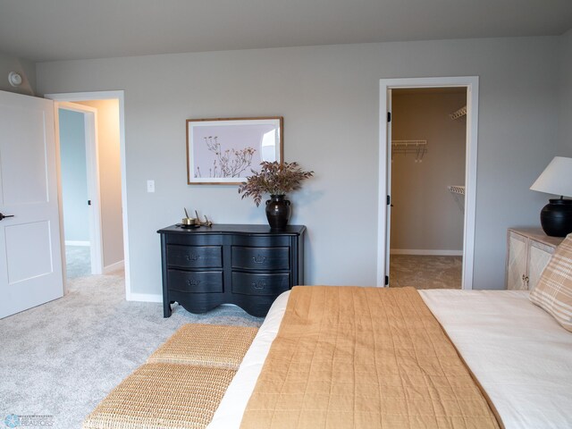carpeted bedroom featuring baseboards and a spacious closet