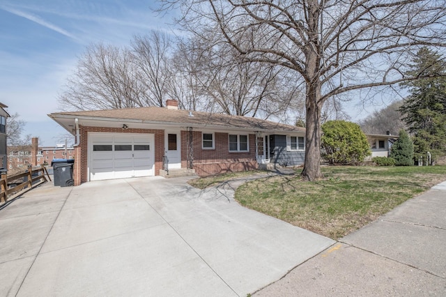 ranch-style home featuring brick siding, driveway, a chimney, and a garage
