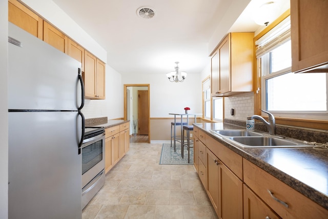 kitchen featuring a sink, tasteful backsplash, dark countertops, an inviting chandelier, and appliances with stainless steel finishes