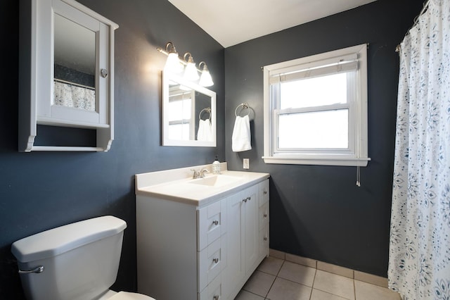 full bathroom with toilet, vanity, a shower with curtain, and tile patterned floors