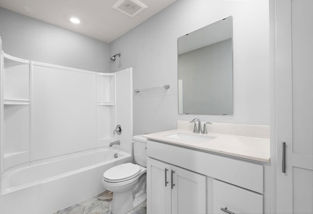 full bath featuring visible vents, vanity, toilet, marble finish floor, and bathing tub / shower combination