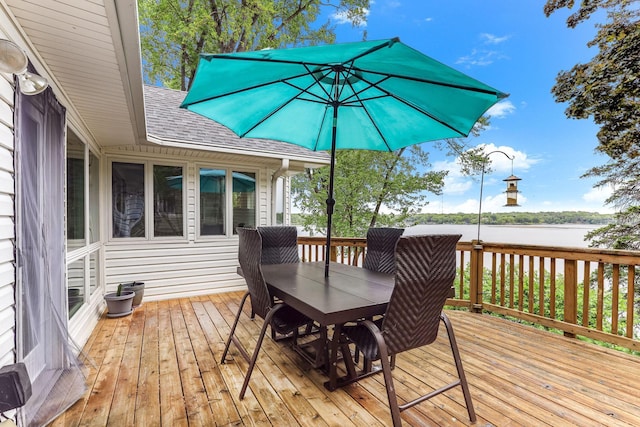 3310 Lake Johanna Blvd, Arden Hills, MN 55112 - wooden deck with outdoor dining area and a water view