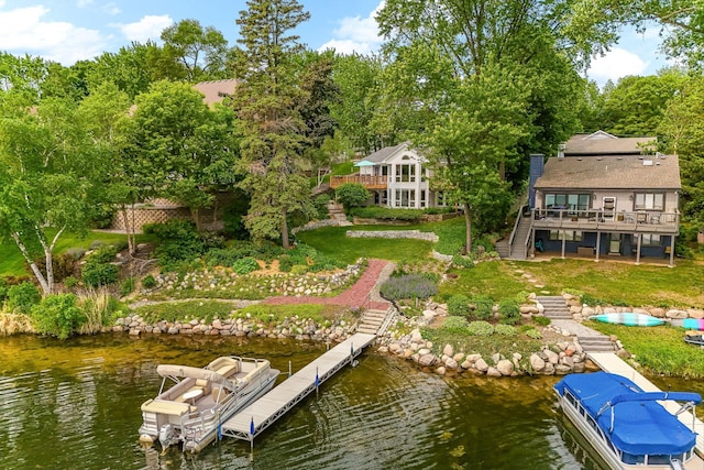3310 Lake Johanna Blvd, Arden Hills, MN 55112 - dock featuring stairway, a yard, a deck with water view, and view of scattered trees