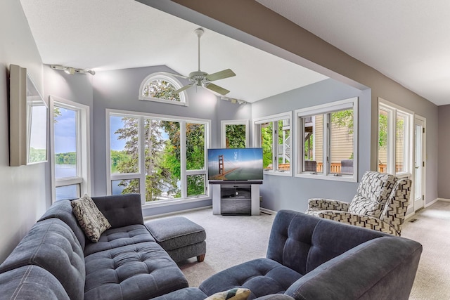 3310 Lake Johanna Blvd, Arden Hills, MN 55112 - living room with carpet floors, ceiling fan, lofted ceiling, and baseboards