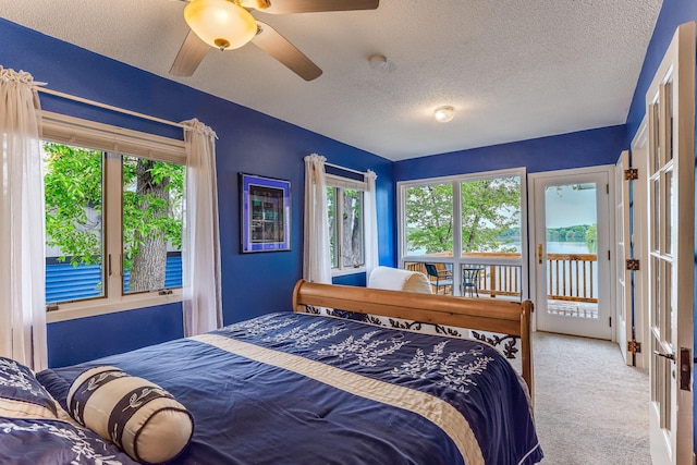 3310 Lake Johanna Blvd, Arden Hills, MN 55112 - bedroom with multiple windows, a textured ceiling, carpet, access to exterior, and ceiling fan