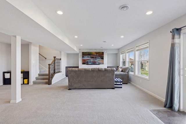 565 Juniper Ct N, Lake Elmo, MN 55042 - living room featuring light carpet, recessed lighting, and stairway