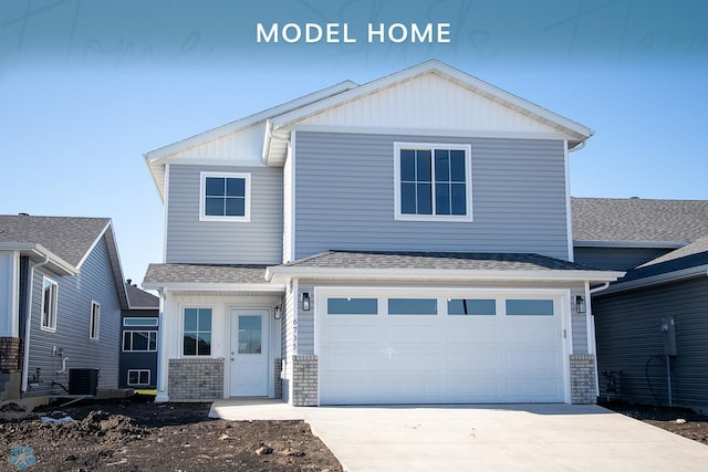 6735 Meadow View Dr S, Fargo, ND 58104 - craftsman-style house featuring an attached garage, central AC unit, roof with shingles, and driveway