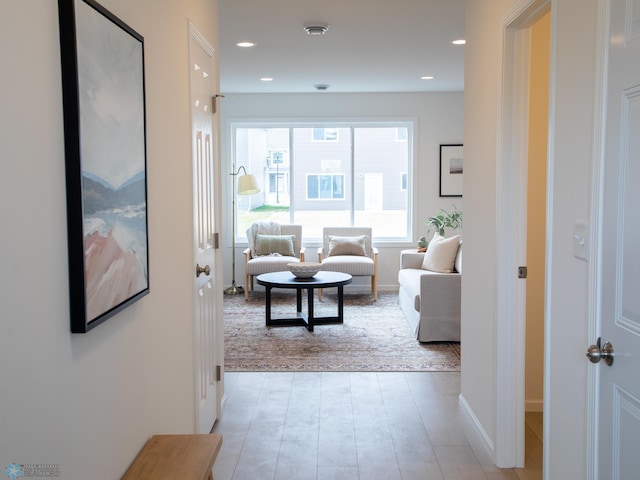 6735 Meadow View Dr S, Fargo, ND 58104 - hall featuring light wood-style floors, baseboards, and recessed lighting