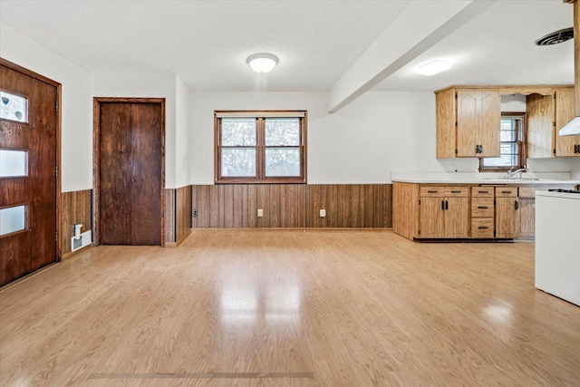 kitchen with a wainscoted wall, light countertops, and light wood-style floors